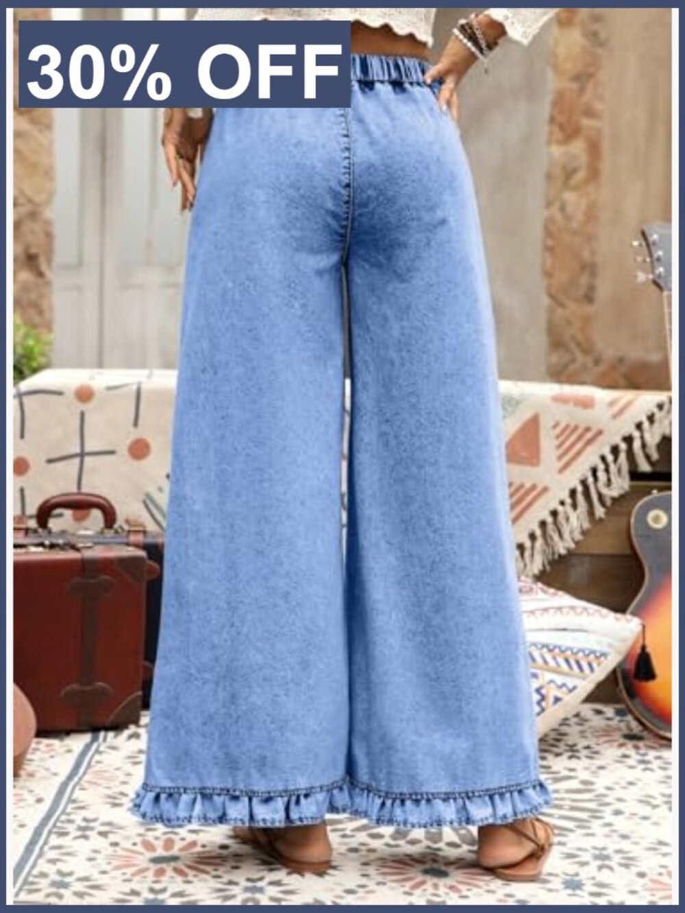 Wide Leg Jeans Stretch High Waist Baggy Trendy Denim Ruffle Hem Pants - Picture 3 of 7